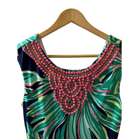 Lilly Pulitzer Bristol Dress Navy Tiger Palm Leaf Pink Gold Beaded Size X-Small - Picture 6 of 11